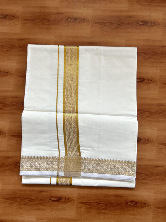 Single Off White - (Unbleached) Mundu/Dhoti - 20% Discount!! Kaitharikada Balaramapuram Pure Cotton - 40s - 1.25 inch Gold Kasav Jacquard Design Kara 2 mtr (4 muzham) - 22 KK5395 GAN