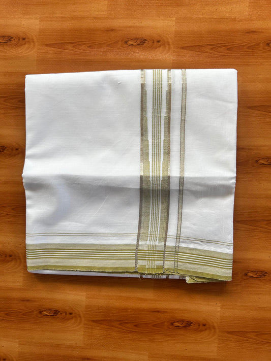 Pure white Double Mundu/Dhoti - 20% Discount! KaithariKada 100% Cotton - 100X80 - 1.5 inch Silver Kasav Olive Green Shaded Stripes Chutty Kara - 3.90 mtr (8.5 muzham) - 3 KK5448 VIN