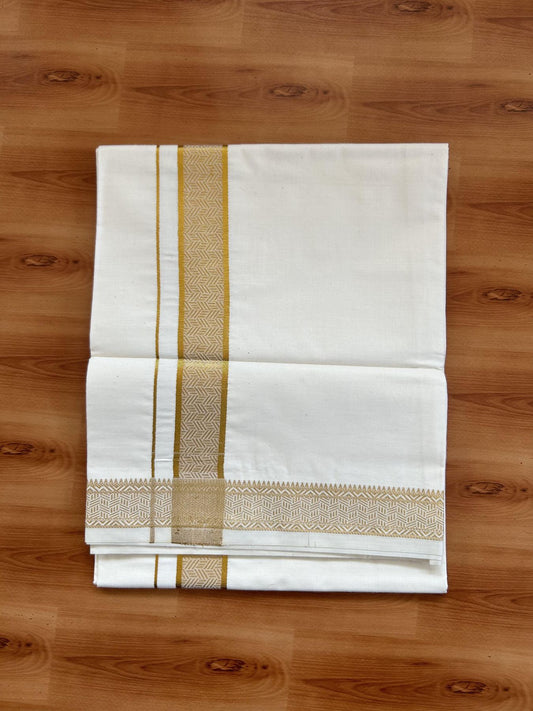 Single Off White - (Unbleached) Mundu/Dhoti - 20% Discount!! Kaitharikada Balaramapuram Pure Cotton - 40s - 1.25 inch Gold Kasav Jacquard Design Kara 2 mtr (4 muzham) - 18 KK5395 GAN