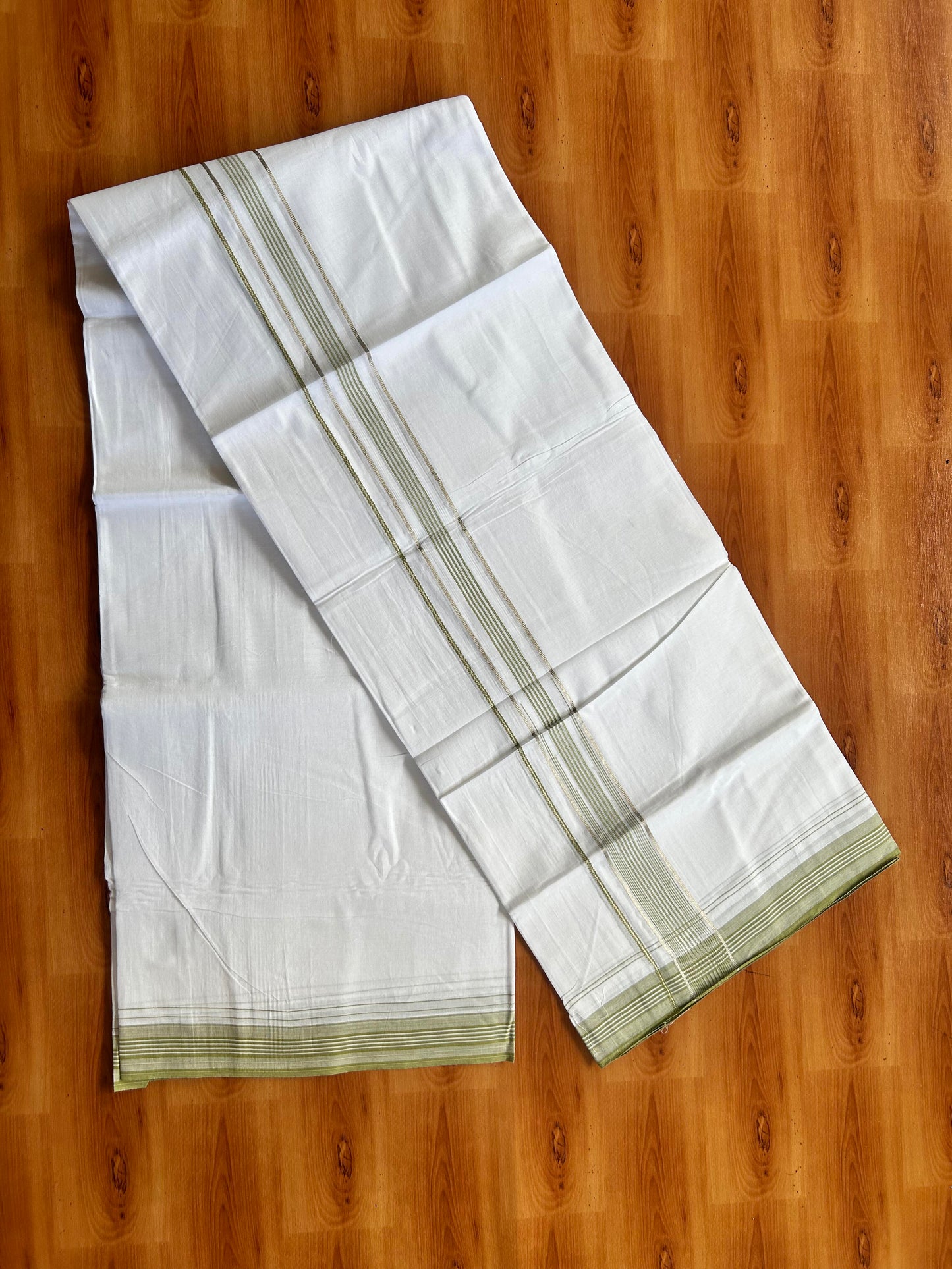 Pure white Double Mundu/Dhoti - 20% Discount! KaithariKada 100% Cotton - 100X80 - 1.25 inch Silver Kasav Light Green Stripes Chutty Kara - 3.90 mtr (8.5 muzham) - 4 KK5448 VIN
