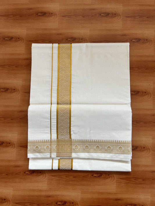 Single Off White - (Unbleached) Mundu/Dhoti - 20% Discount!! Kaitharikada Balaramapuram Pure Cotton - 40s - 1.25 inch Gold Kasav Jacquard Design Kara 2 mtr (4 muzham) - 21 KK5395 GAN