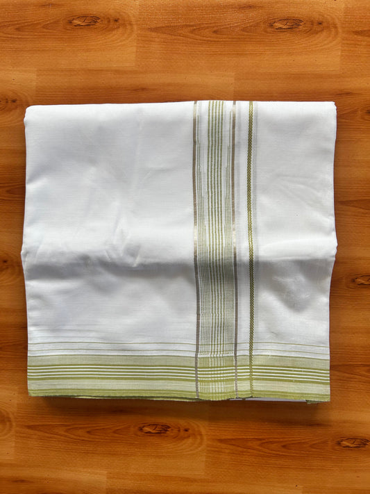 Pure white Double Mundu/Dhoti - 20% Discount! KaithariKada 100% Cotton - 100X80 - 1.25 inch Silver Kasav Light Green Stripes Chutty Kara - 3.90 mtr (8.5 muzham) - 4 KK5448 VIN