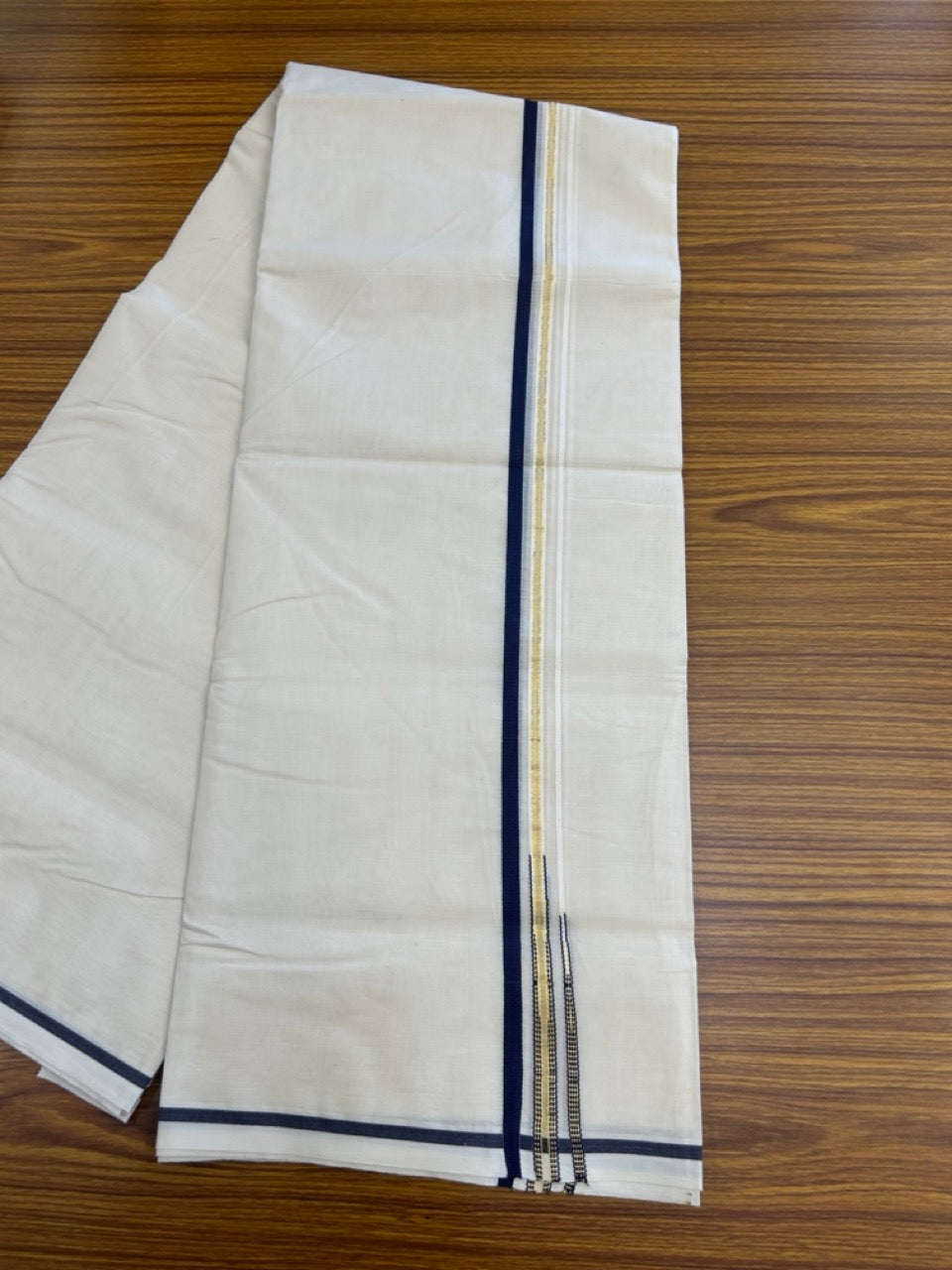 20% Discount!!! KaithariKada Balaramapuram 100% Cotton off white  (Unbleached) Double Mundu/Dhoti-100x100  1.cm Puliyilakkara Dark Navy Blue & Kasav Double Chutty Kara - 7 KK5300 ASH