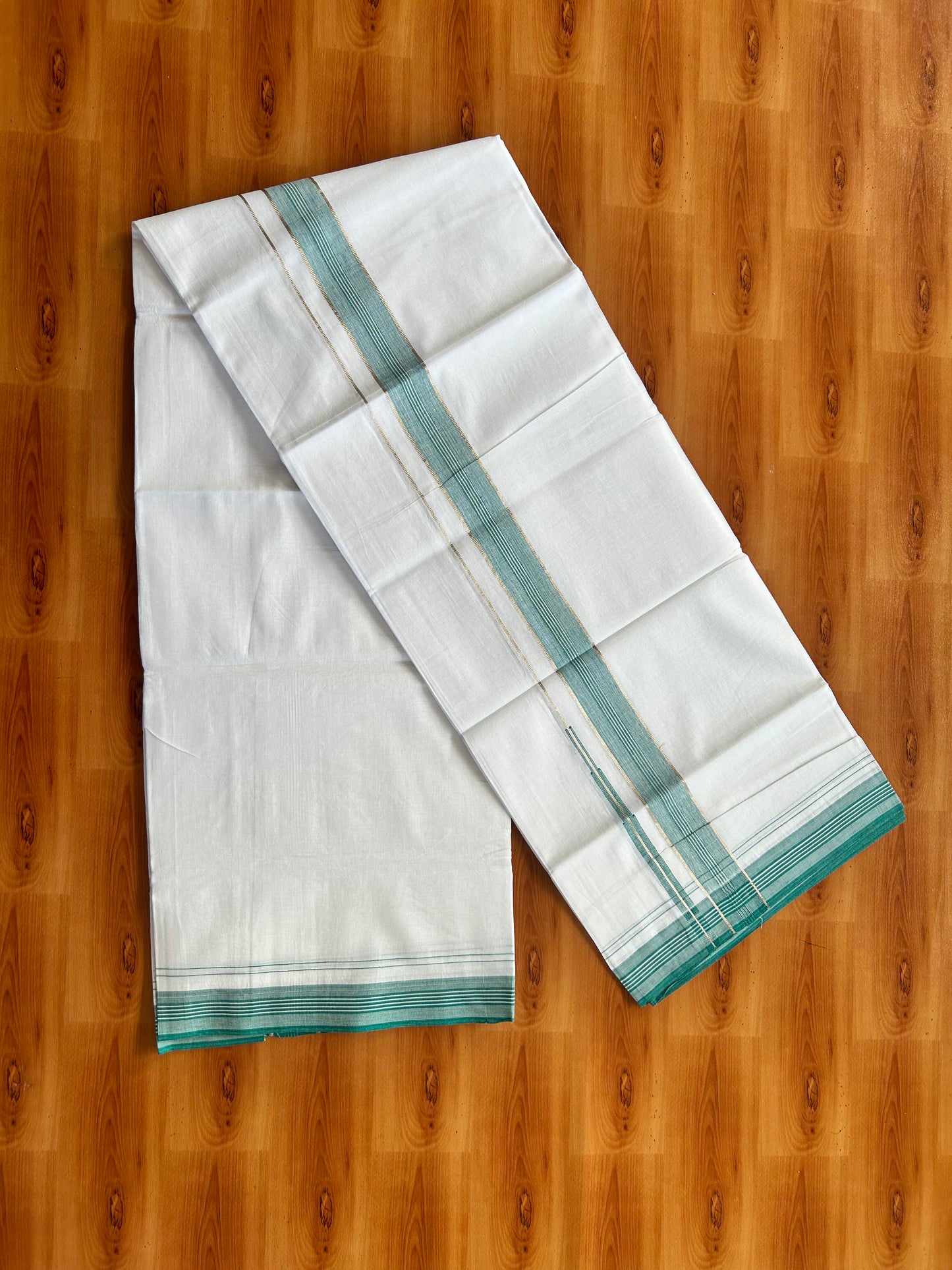 Pure white Double Mundu/Dhoti - 20% Discount! KaithariKada 100% Cotton - 100X80 - 1.25 inch Silver Kasav Green Blue Shaded Stripes Chutty Kara - 3.90 mtr (8.5 muzham) - 5 KK5448 VIN