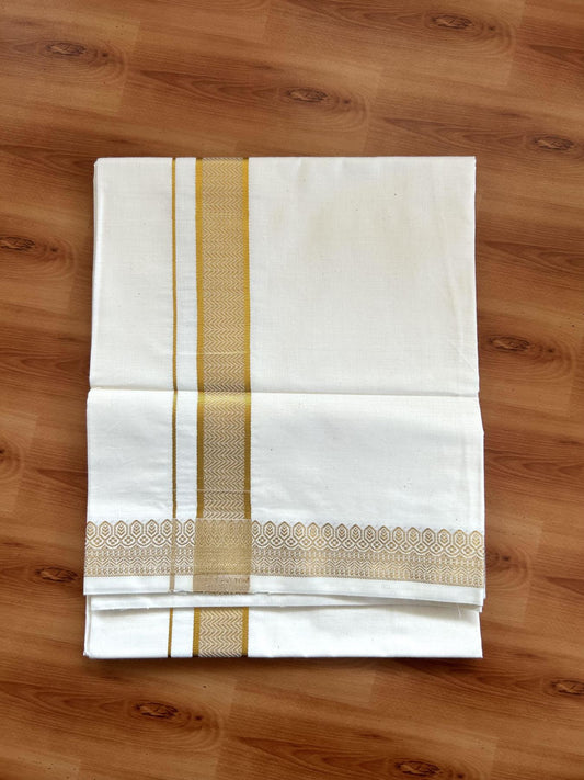 Single Off White - (Unbleached) Mundu/Dhoti - 20% Discount!! Kaitharikada Balaramapuram Pure Cotton - 40s - 1.25 inch Gold Kasav Jacquard Design Kara 2 mtr (4 muzham) - 17 KK5395 GAN