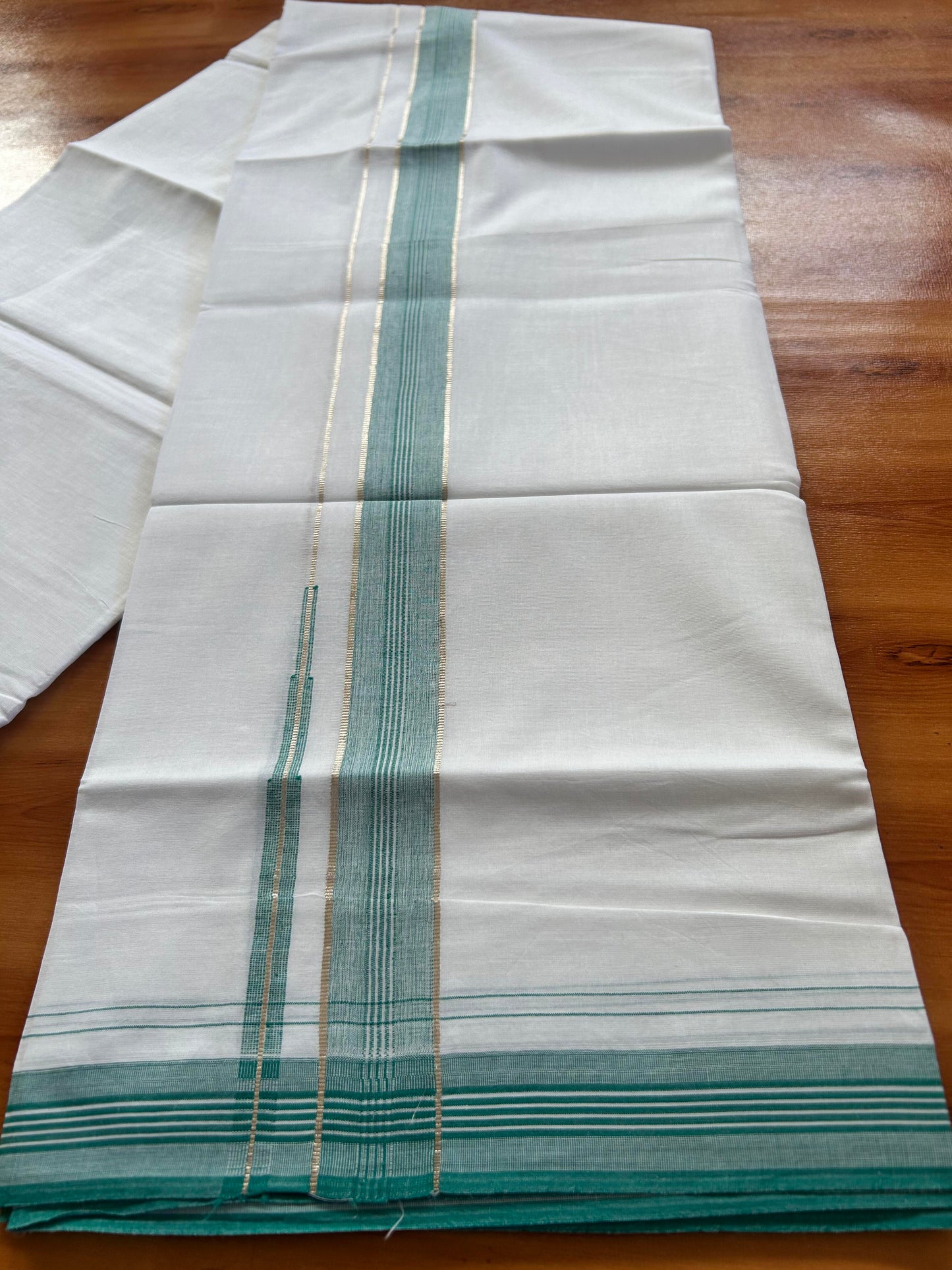 Pure white Double Mundu/Dhoti - 20% Discount! KaithariKada 100% Cotton - 100X80 - 1.25 inch Silver Kasav Green Blue Shaded Stripes Chutty Kara - 3.90 mtr (8.5 muzham) - 5 KK5448 VIN