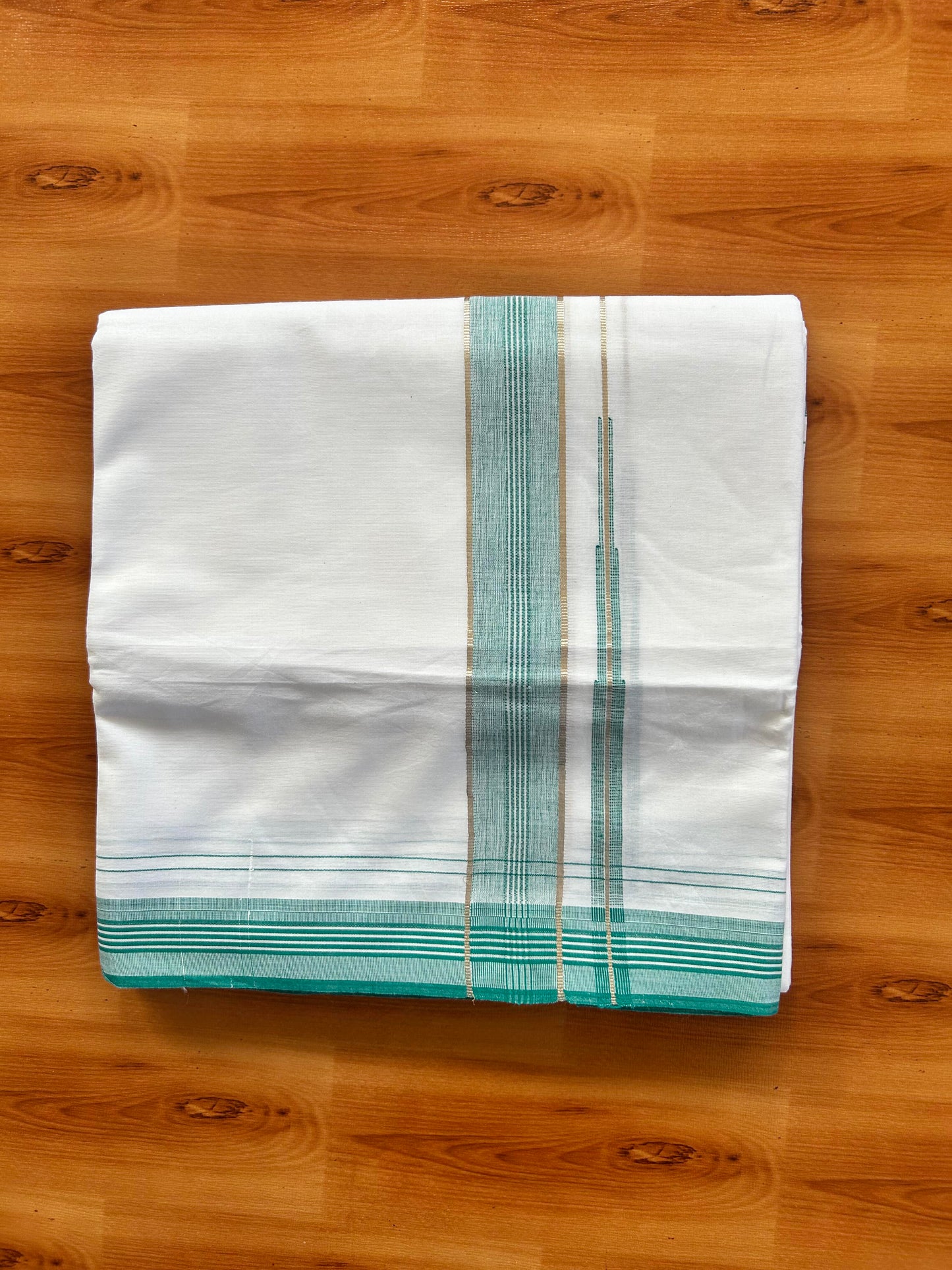 Pure white Double Mundu/Dhoti - 20% Discount! KaithariKada 100% Cotton - 100X80 - 1.25 inch Silver Kasav Green Blue Shaded Stripes Chutty Kara - 3.90 mtr (8.5 muzham) - 5 KK5448 VIN