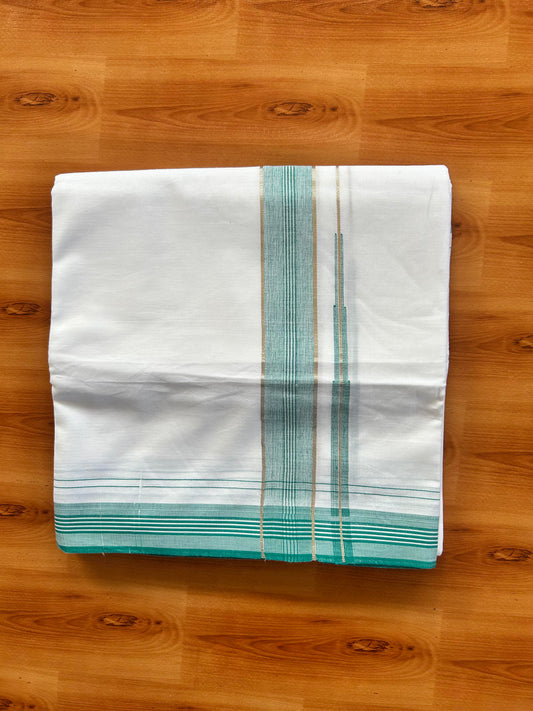 Pure white Double Mundu/Dhoti - 20% Discount! KaithariKada 100% Cotton - 100X80 - 1.25 inch Silver Kasav Green Blue Shaded Stripes Chutty Kara - 3.90 mtr (8.5 muzham) - 5 KK5448 VIN