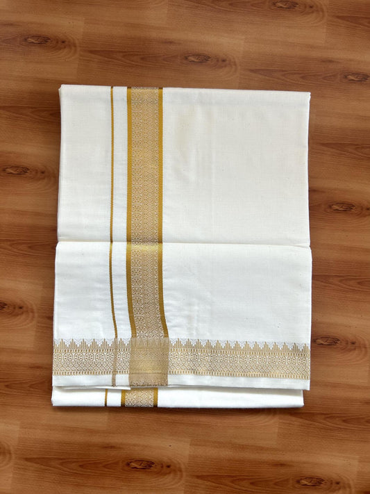 Single Off White - (Unbleached) Mundu/Dhoti - 20% Discount!! Kaitharikada Balaramapuram Pure Cotton - 40s - 1.25 inch Gold Kasav Jacquard Design Kara 2 mtr (4 muzham) - 23 KK5395 GAN
