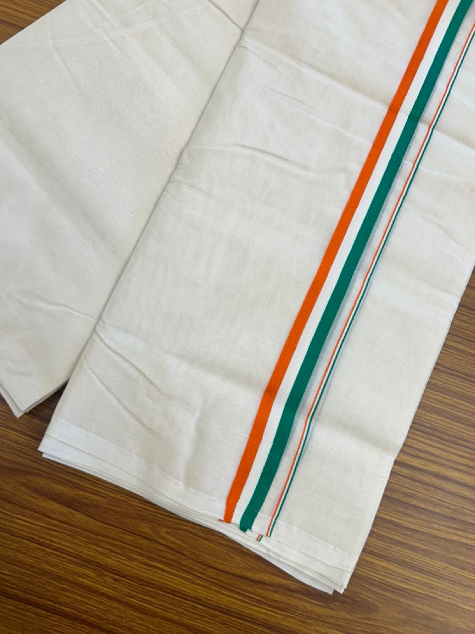 Congress Veshti - 20% Discount! KaithariKada 100% Cotton off white Double - (Unbleached) Mundu/Dhoti - 100X80 - 1 inch Orange White & Green Kara - 8 KK5300 ASH