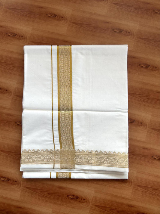 Single Off White - (Unbleached) Mundu/Dhoti - 20% Discount!! Kaitharikada Balaramapuram Pure Cotton - 40s - 1.25 inch Gold Kasav Jacquard Design Kara 2 mtr (4 muzham) - 24 KK5395 GAN