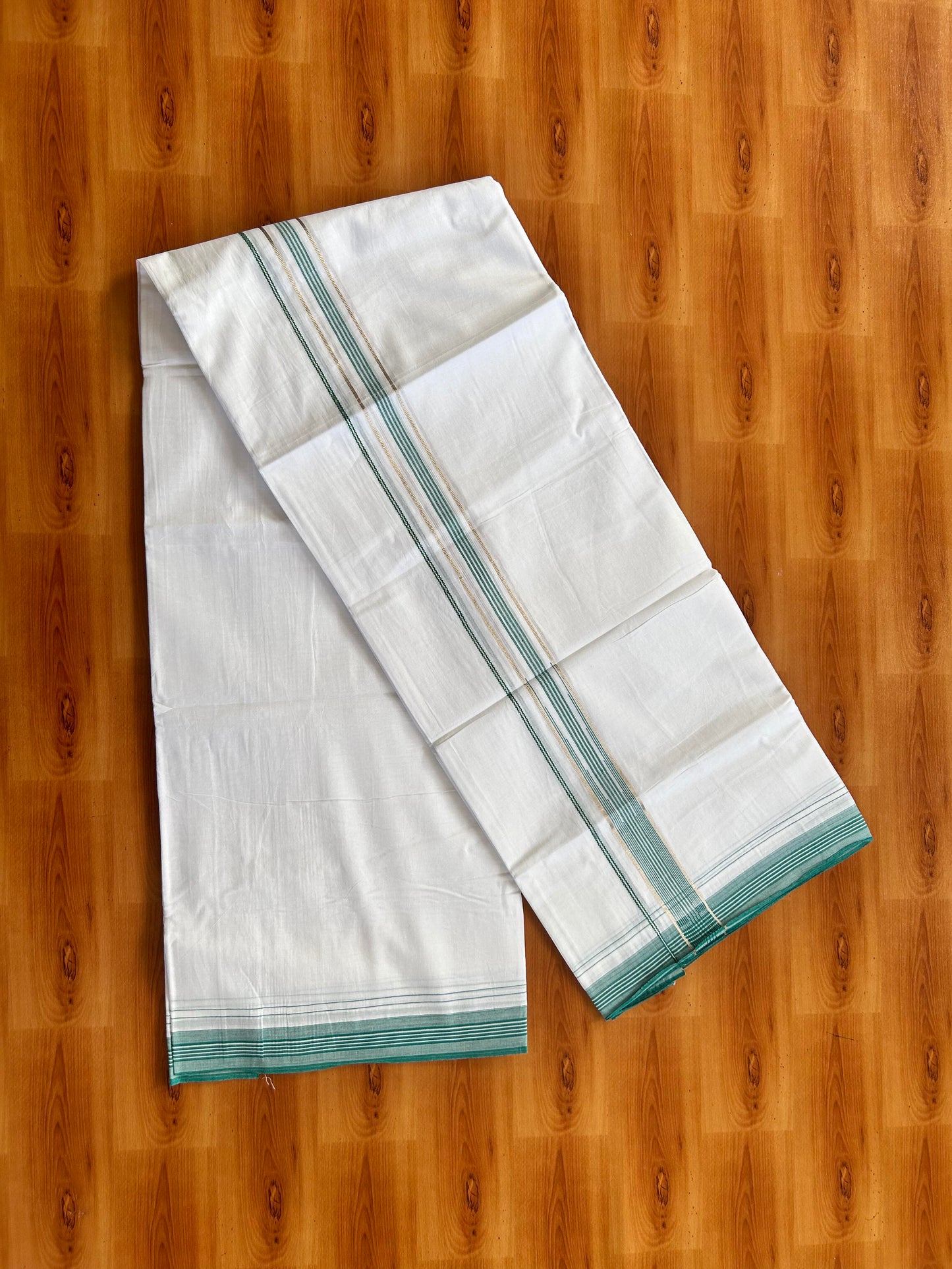 Pure white Double Mundu/Dhoti - 20% Discount! KaithariKada 100% Cotton - 100X80 - 1 inch Silver Kasav Green Blue Shaded Stripes Chutty Kara - 3.90 mtr (8.5 muzham) - 6 KK5448 VIN