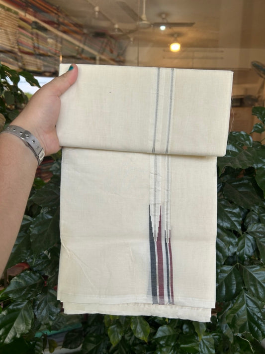 Dmk Veshti - 20% Discount! KaithariKada 100% Cotton off white Double - (Unbleached) Mundu/Dhoti - 100X100 - 0.75 inch Puliyilakkara Silver Kasav Black & Maroon Chutty kara - 6 KK5300 ASH