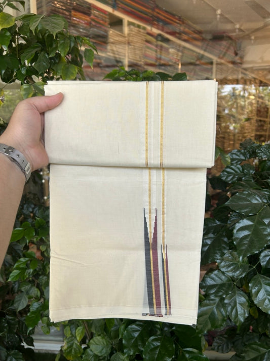 Dmk Veshti - 20% Discount! KaithariKada 100% Cotton off white Double - (Unbleached) Mundu/Dhoti - 100X100 - 0.75 inch Puliyilakkara Gold Kasav Black & Maroon Chutty kara - 5 KK5300 ASH