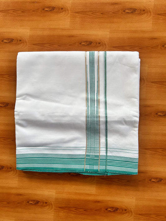 Pure white Double Mundu/Dhoti - 20% Discount! KaithariKada 100% Cotton - 100X80 - 1 inch Silver Kasav Green Blue Shaded Stripes Chutty Kara - 3.90 mtr (8.5 muzham) - 6 KK5448 VIN