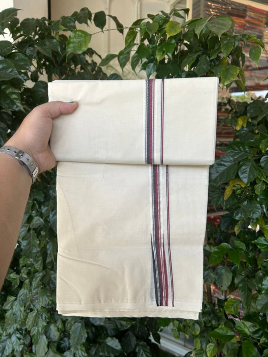 Dmk Veshti - 20% Discount! KaithariKada 100% Cotton off white Double - (Unbleached) Mundu/Dhoti - 100X100 - 0.75 inch Puliyilakkara Silver Kasav Black & Maroon Chutty kara - 4 KK5300 ASH