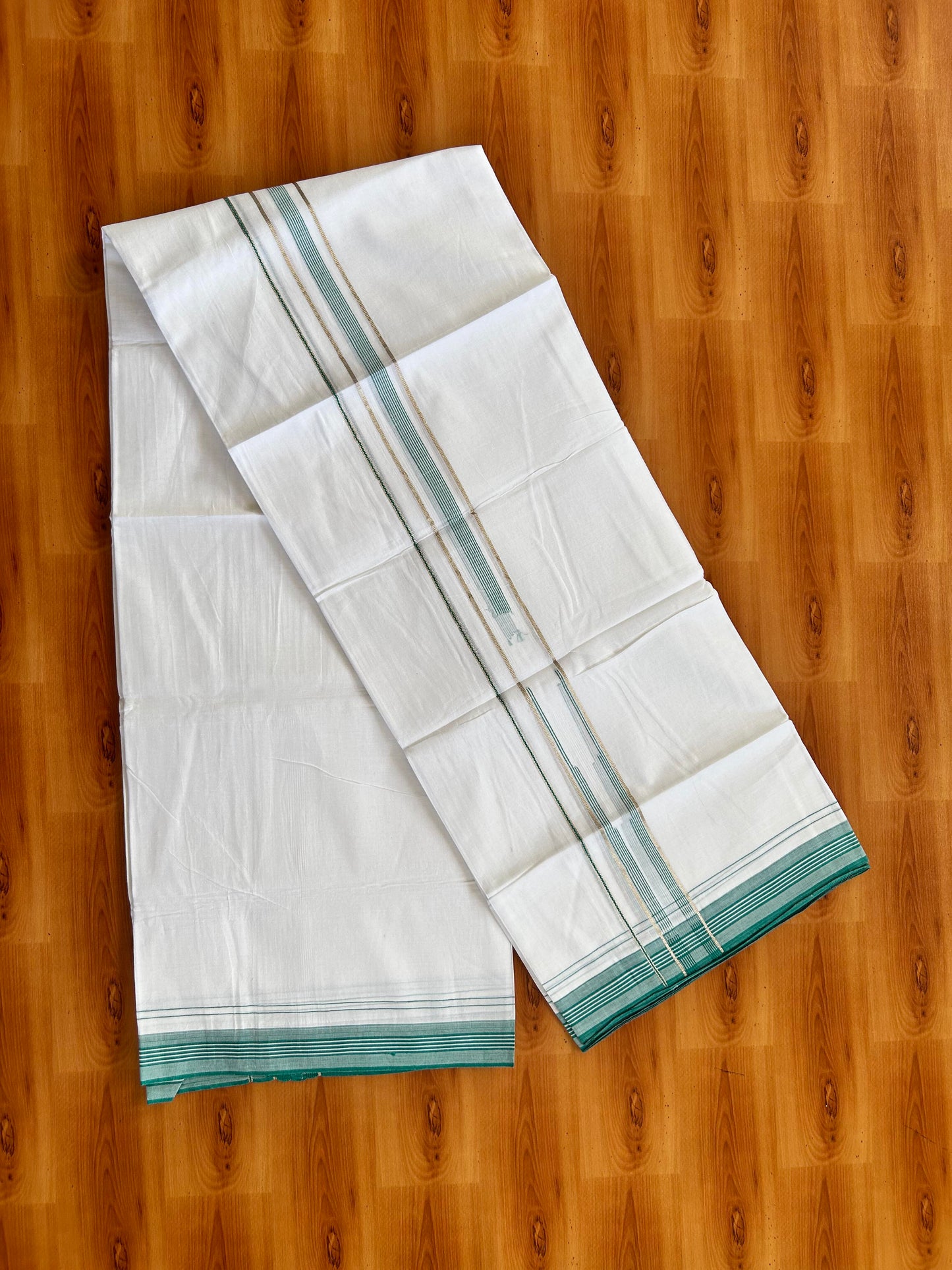 Pure white Double Mundu/Dhoti - 20% Discount! KaithariKada 100% Cotton - 100X80 - 1.25 inch Silver Kasav Green Blue Shaded Stripes Chutty Kara - 3.90 mtr (8.5 muzham) - 7 KK5448 VIN