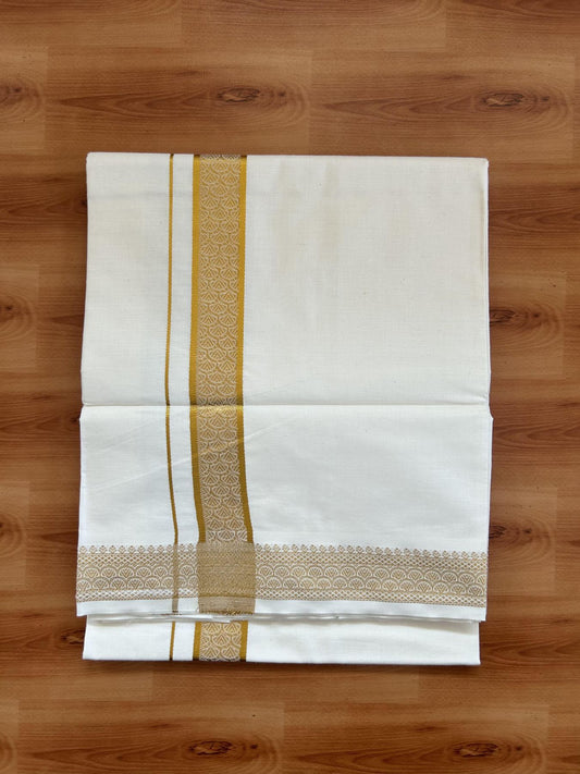 Single Off White - (Unbleached) Mundu/Dhoti - 20% Discount!! Kaitharikada Balaramapuram Pure Cotton - 40s - 1.25 inch Gold Kasav Jacquard Design Kara 2 mtr (4 muzham) - 16 KK5395 GAN