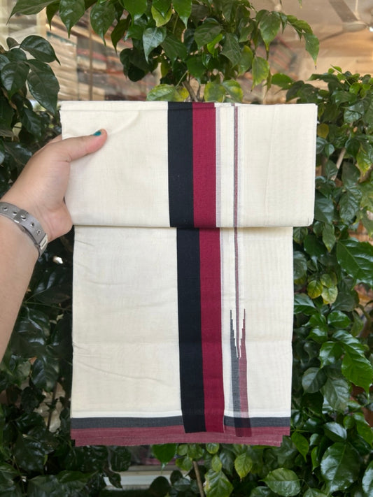 Dmk Veshti - 20% Discount! KaithariKada 100% Cotton off white Double - (Unbleached) Mundu/Dhoti - 100X100 - 2 inch Puliyilakkara Black & Maroon Chutty kara - 2 KK5300ASH