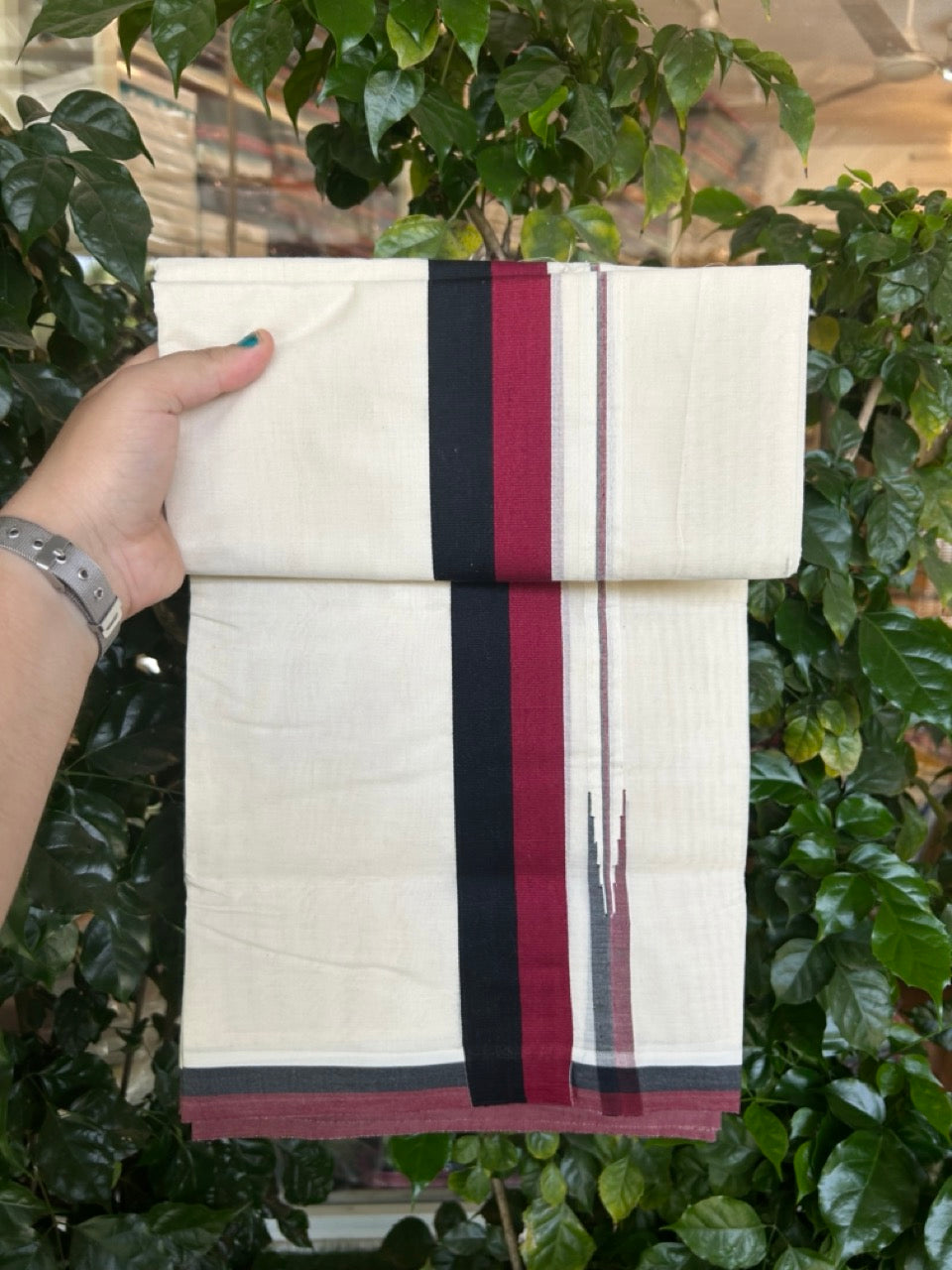 Dmk Veshti - 20% Discount! KaithariKada 100% Cotton off white Double - (Unbleached) Mundu/Dhoti - 100X100 - 1.5 inch Puliyilakkara Black & Maroon Chutty kara - 3 KK5300ASH