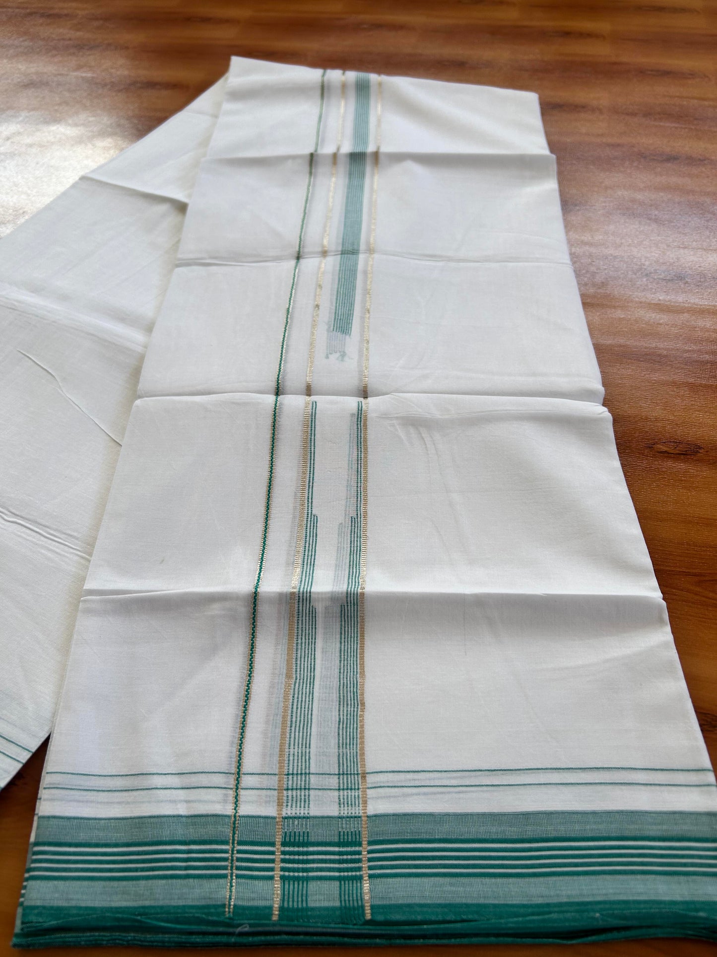 Pure white Double Mundu/Dhoti - 20% Discount! KaithariKada 100% Cotton - 100X80 - 1.25 inch Silver Kasav Green Blue Shaded Stripes Chutty Kara - 3.90 mtr (8.5 muzham) - 7 KK5448 VIN