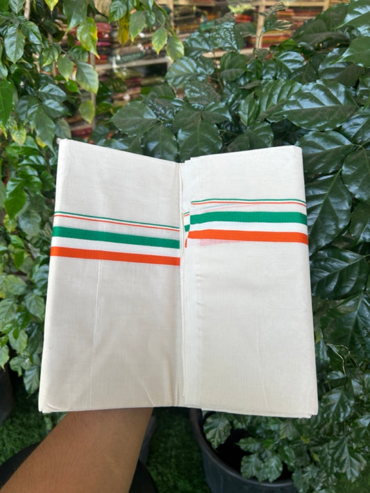Congress Veshti - 20% Discount! KaithariKada 100% Cotton off white Double - (Unbleached) Mundu/Dhoti - 100X80 - 1 inch Orange White & Green Kara - 8 KK5300 ASH