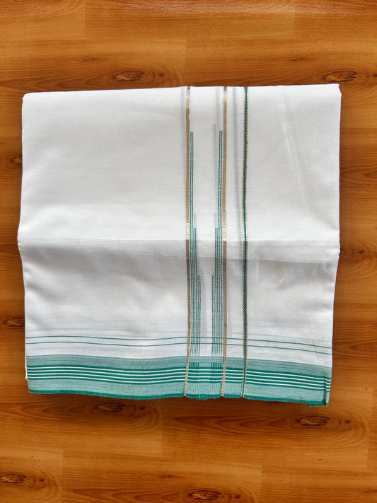 Pure white Double Mundu/Dhoti - 20% Discount! KaithariKada 100% Cotton - 100X80 - 1.25 inch Silver Kasav Green Blue Shaded Stripes Chutty Kara - 3.90 mtr (8.5 muzham) - 7 KK5448 VIN
