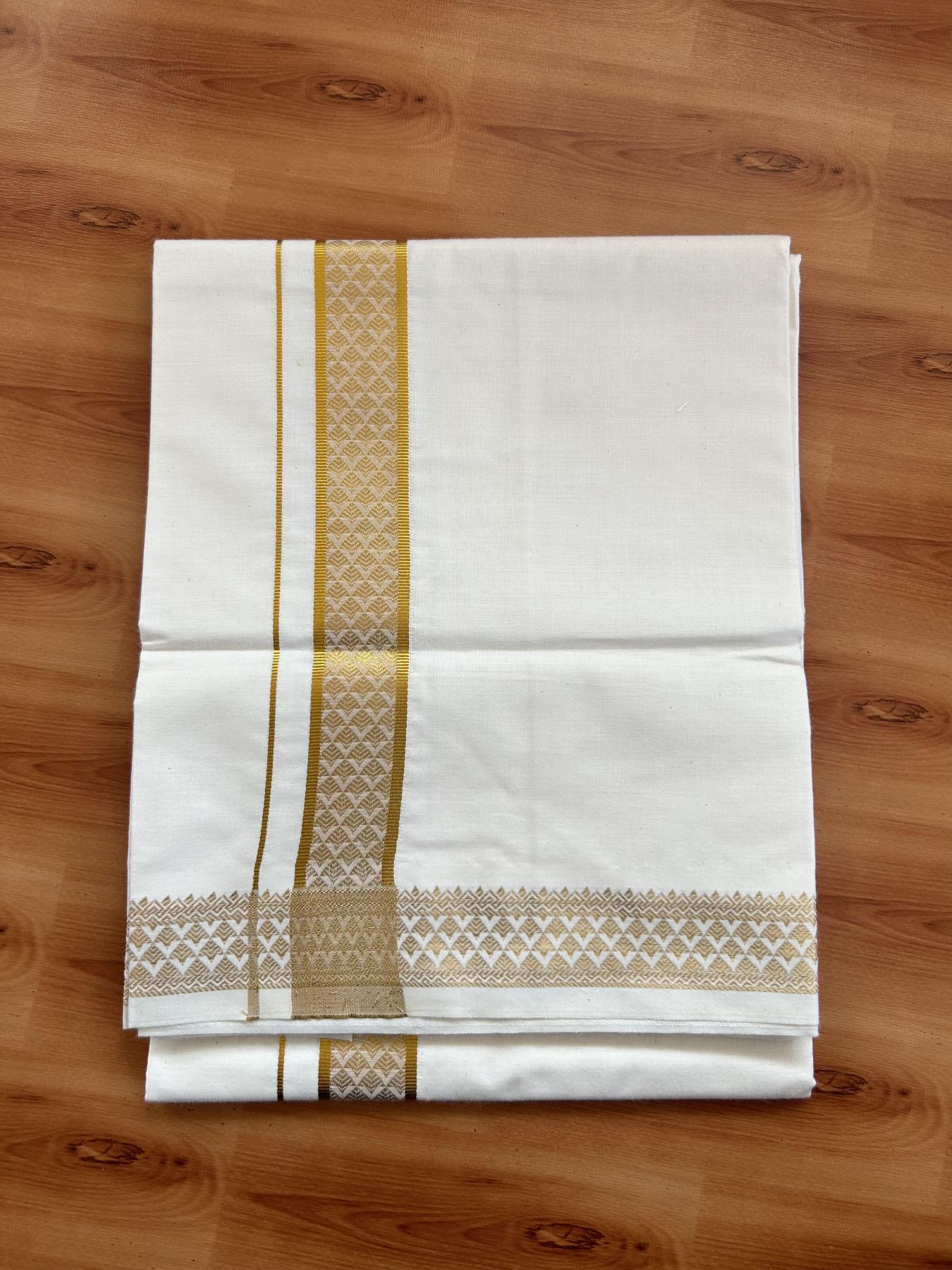 Single Off White - (Unbleached) Mundu/Dhoti - 20% Discount!! Kaitharikada Balaramapuram Pure Cotton - 40s - 1.25 inch Gold Kasav Jacquard Design Kara 2 mtr (4 muzham) - 15 KK5395 GAN