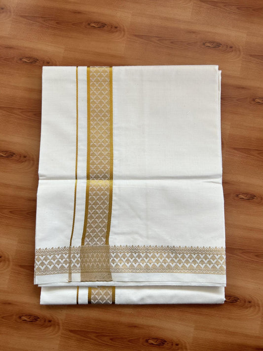 Single Off White - (Unbleached) Mundu/Dhoti - 20% Discount!! Kaitharikada Balaramapuram Pure Cotton - 40s - 1.25 inch Gold Kasav Jacquard Design Kara 2 mtr (4 muzham) - 15 KK5395 GAN