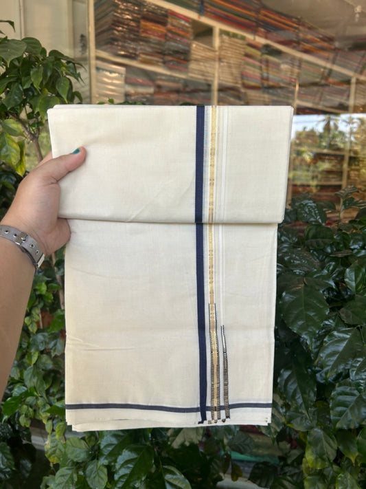 20% Discount!!! KaithariKada Balaramapuram 100% Cotton off white  (Unbleached) Double Mundu/Dhoti-100x100  1.cm Puliyilakkara Dark Navy Blue & Kasav Double Chutty Kara - 7 KK5300 ASH