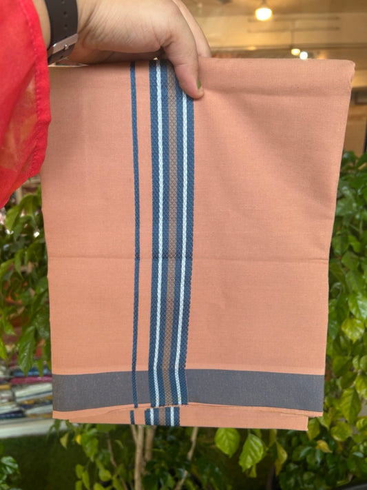 18% Discount!!! Kaitharikada Pure Cotton - Single Kaily / Lungi - 1.25 inch Blue & white stripes Pattern kara with Tan brown colour body  (2 meter / 4 muzham) - 8KK8018GAN