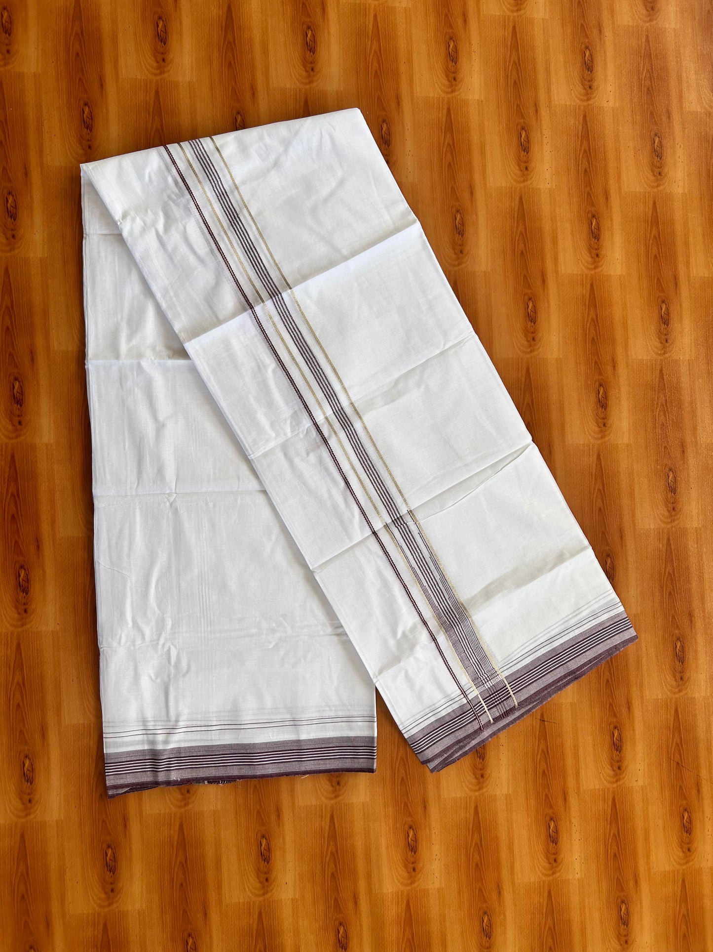 Pure white Double Mundu/Dhoti - 20% Discount! KaithariKada 100% Cotton - 100X80 - 1.25 inch Silver Kasav Grape Wine Shaded Stripes Chutty Kara - 3.90 mtr (8.5 muzham) - 8 KK5448 VIN