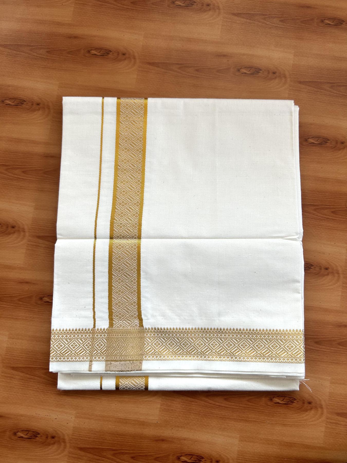Single Off White - (Unbleached) Mundu/Dhoti - 20% Discount!! Kaitharikada Balaramapuram Pure Cotton - 40s - 1.25 inch Gold Kasav Jacquard Design Kara 2 mtr (4 muzham) - 20 KK5395 GAN