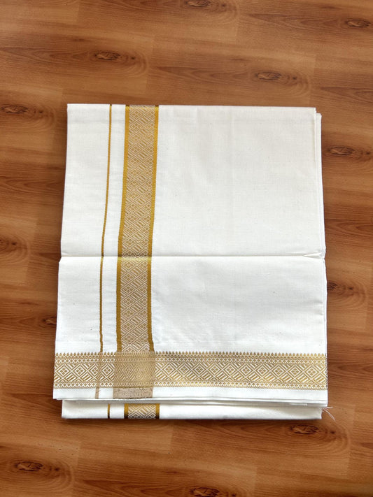 Single Off White - (Unbleached) Mundu/Dhoti - 20% Discount!! Kaitharikada Balaramapuram Pure Cotton - 40s - 1.25 inch Gold Kasav Jacquard Design Kara 2 mtr (4 muzham) - 20 KK5395 GAN