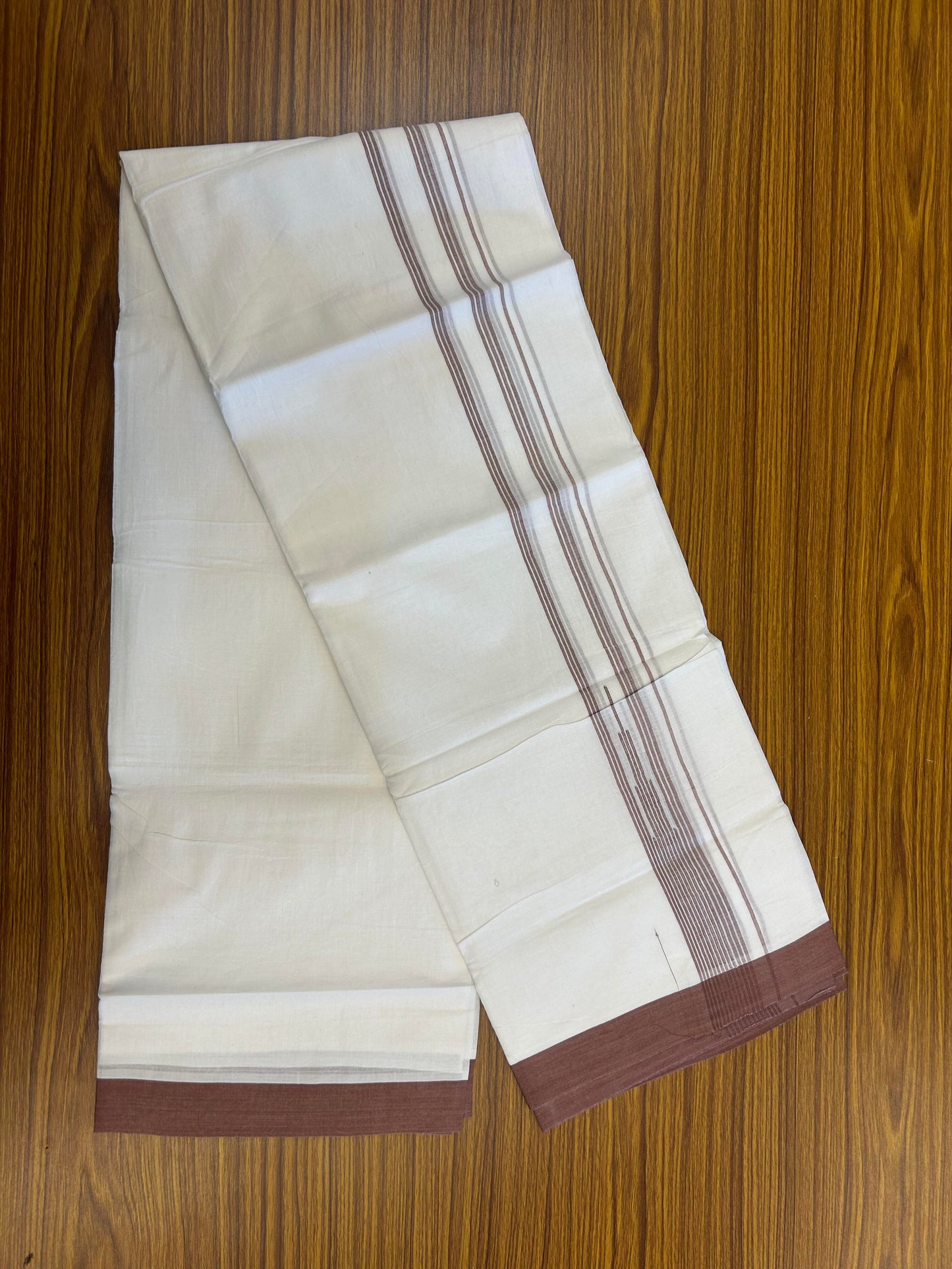 20% Discount ! Kaitharikada Balaramapuram 100% Pure Cotton Double Pure White Mundu/Dhoti - 100x80 - 1.5 inch Brown shaded striped Temple chutty 3.90 mtr (8.5 muzham) - 103 KK5361 PMC