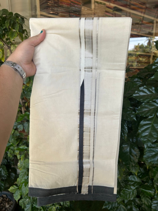 20% Discount !! KaithariKada Balaramapuram 100% Cotton Double Off White - (Unbleached) Mundu/Dhoti- 100x100 1.25 inch Heavy Chutty Silver Kasavu & Black Striped kara - 1 KK5300 ASH