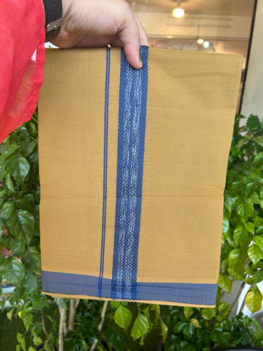 18% Discount!!! Kaitharikada Pure Cotton - Single Kaily / Lungi - 1.25 inch Blue & white shaded Pattern kara with Camel brown colour body  (2 meter / 4 muzham) - 7KK8018GAN