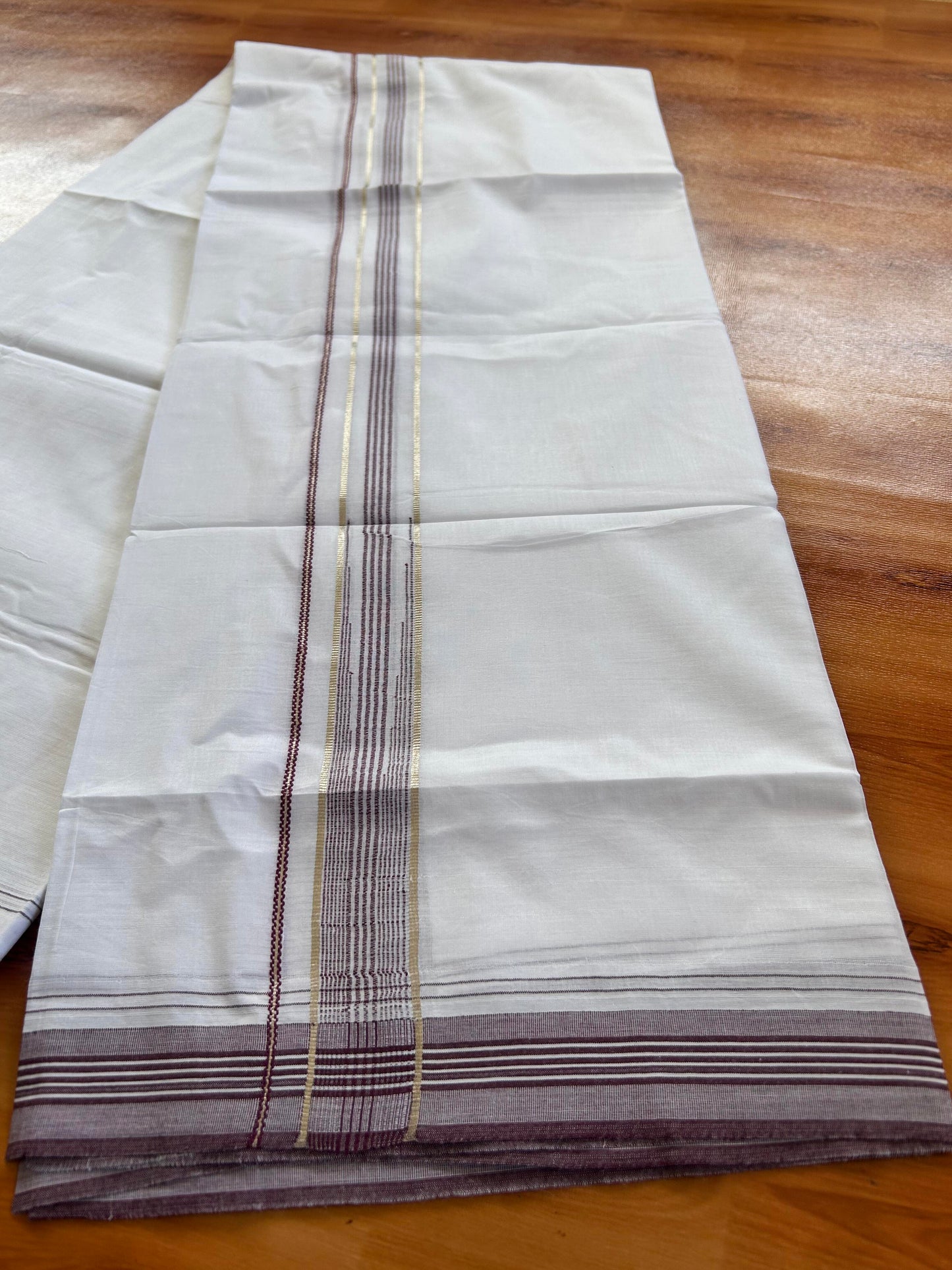 Pure white Double Mundu/Dhoti - 20% Discount! KaithariKada 100% Cotton - 100X80 - 1.25 inch Silver Kasav Grape Wine Shaded Stripes Chutty Kara - 3.90 mtr (8.5 muzham) - 8 KK5448 VIN