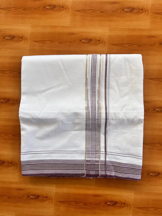 Pure white Double Mundu/Dhoti - 20% Discount! KaithariKada 100% Cotton - 100X80 - 1.25 inch Silver Kasav Grape Wine Shaded Stripes Chutty Kara - 3.90 mtr (8.5 muzham) - 8 KK5448 VIN
