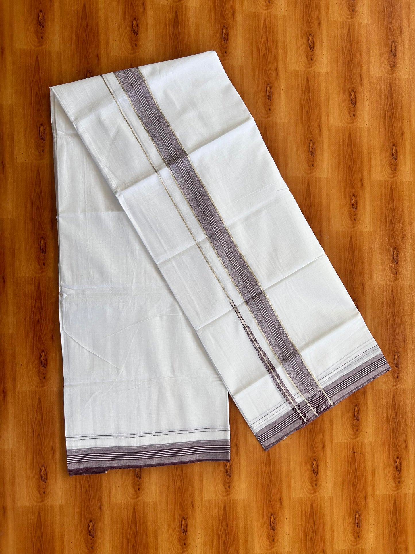 Pure white Double Mundu/Dhoti - 20% Discount! KaithariKada 100% Cotton - 100X80 - 1.25 inch Silver Kasav Grape Wine Shaded Stripes Chutty Kara - 3.90 mtr (8.5 muzham) - 9 KK5448 VIN
