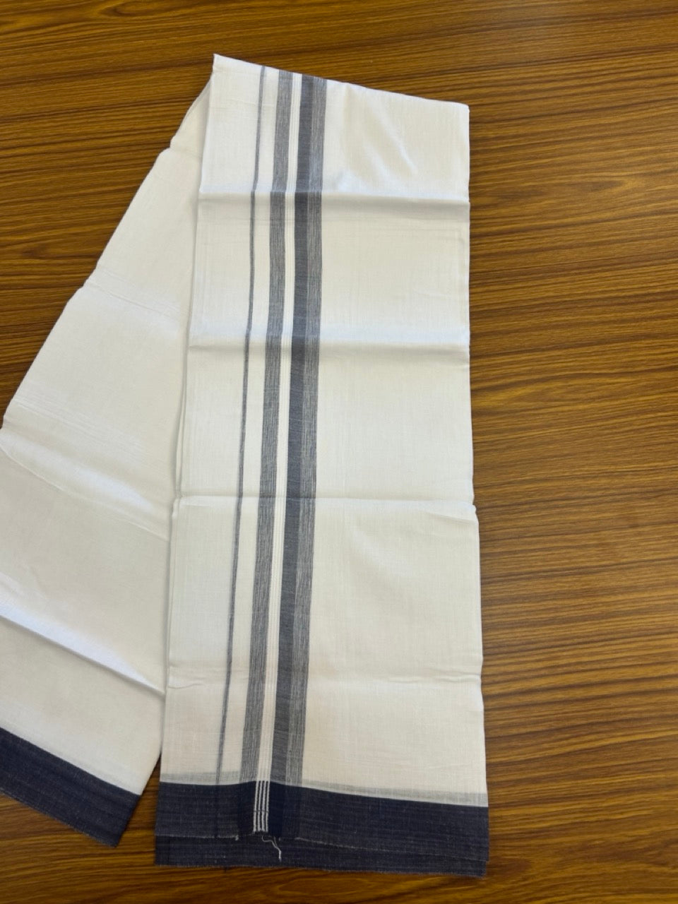 Linen Dhoti New! 20% Discount from Kaitharikada.com - Double Mundu/Dhoti 80x90 Thread Pure White - Pure Cotton + Linen - 1.75 Inch Navy Blue Stripes Shaded Kara 4 mtr (8.5 muzham) - 20 KK5299 THI