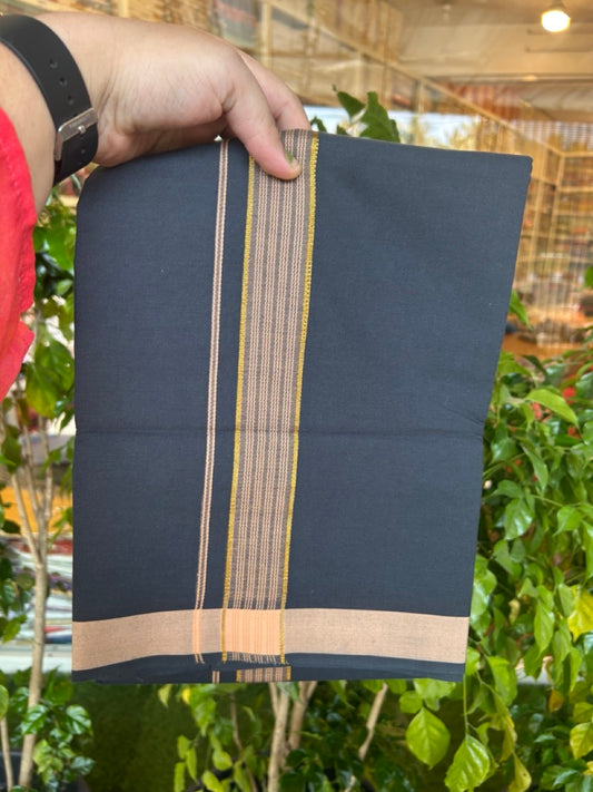 18% Discount!!! Kaitharikada Pure Cotton - Single Kaily / Lungi - 1.25 inch Kasavu Peanut Brown stripes shaded kara with Black colour body  (2 meter / 4 muzham) - 3KK8018GAN