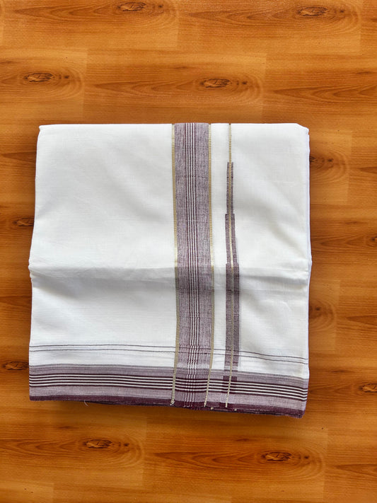 Pure white Double Mundu/Dhoti - 20% Discount! KaithariKada 100% Cotton - 100X80 - 1.25 inch Silver Kasav Grape Wine Shaded Stripes Chutty Kara - 3.90 mtr (8.5 muzham) - 9 KK5448 VIN