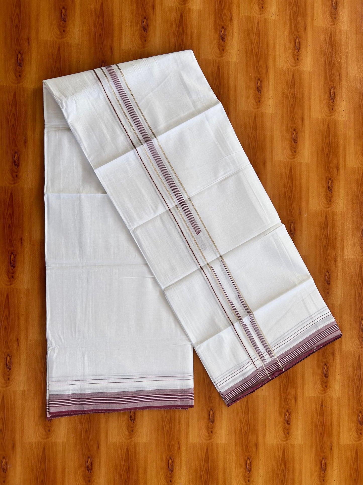 Pure white Double Mundu/Dhoti - 20% Discount! KaithariKada 100% Cotton - 100X80 - 1 inch Silver Kasav Maroon Stripes Chutty Kara - 3.90 mtr (8.5 muzham) - 10 KK5448 VIN