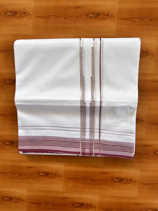 Pure white Double Mundu/Dhoti - 20% Discount! KaithariKada 100% Cotton - 100X80 - 1 inch Silver Kasav Maroon Stripes Chutty Kara - 3.90 mtr (8.5 muzham) - 10 KK5448 VIN