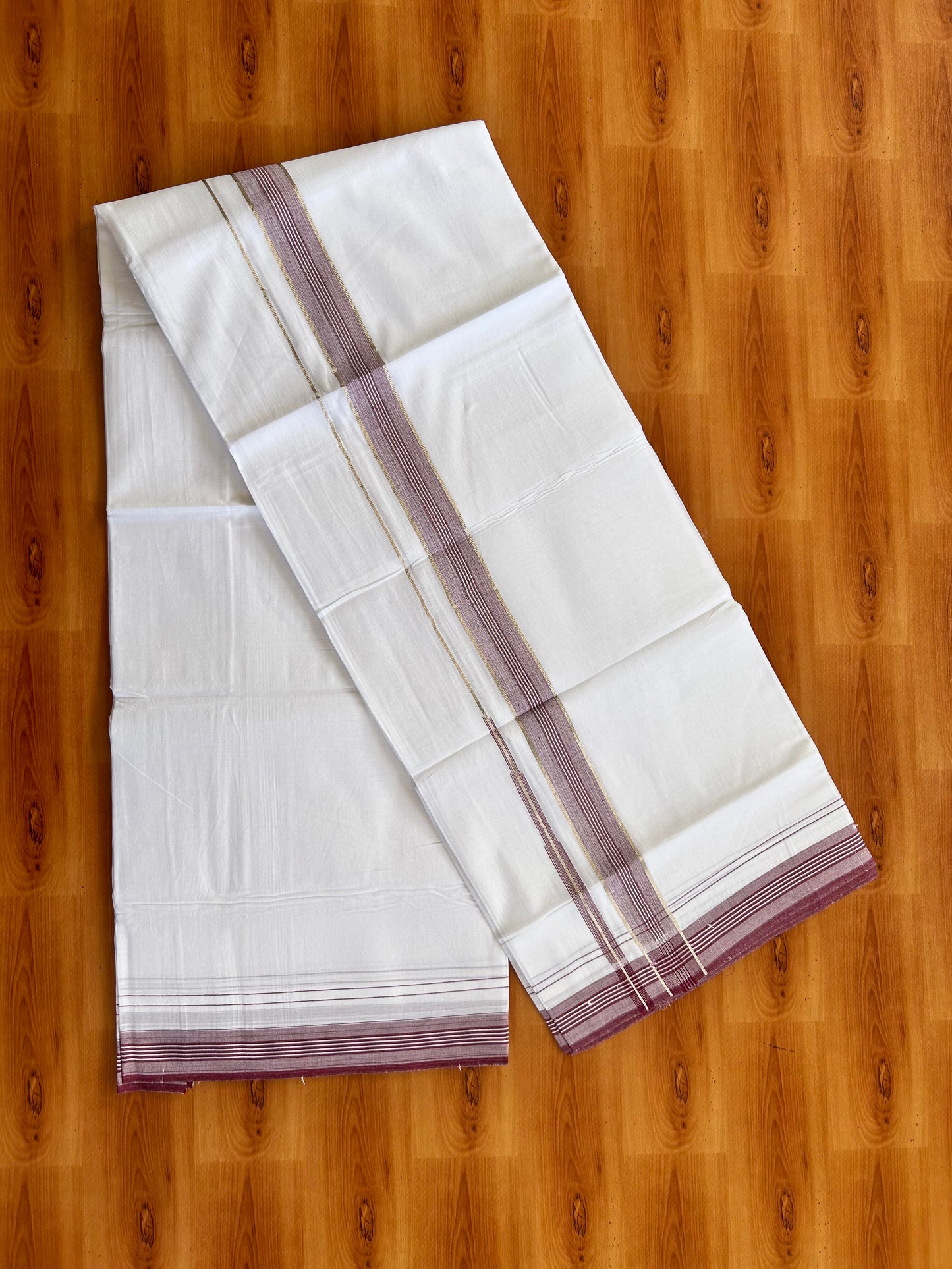 Pure white Double Mundu/Dhoti - 20% Discount! KaithariKada 100% Cotton - 100X80 - 1.25 inch Silver Kasav Maroon Shaded Stripes Chutty Kara - 3.90 mtr (8.5 muzham) - 11 KK5448 VIN