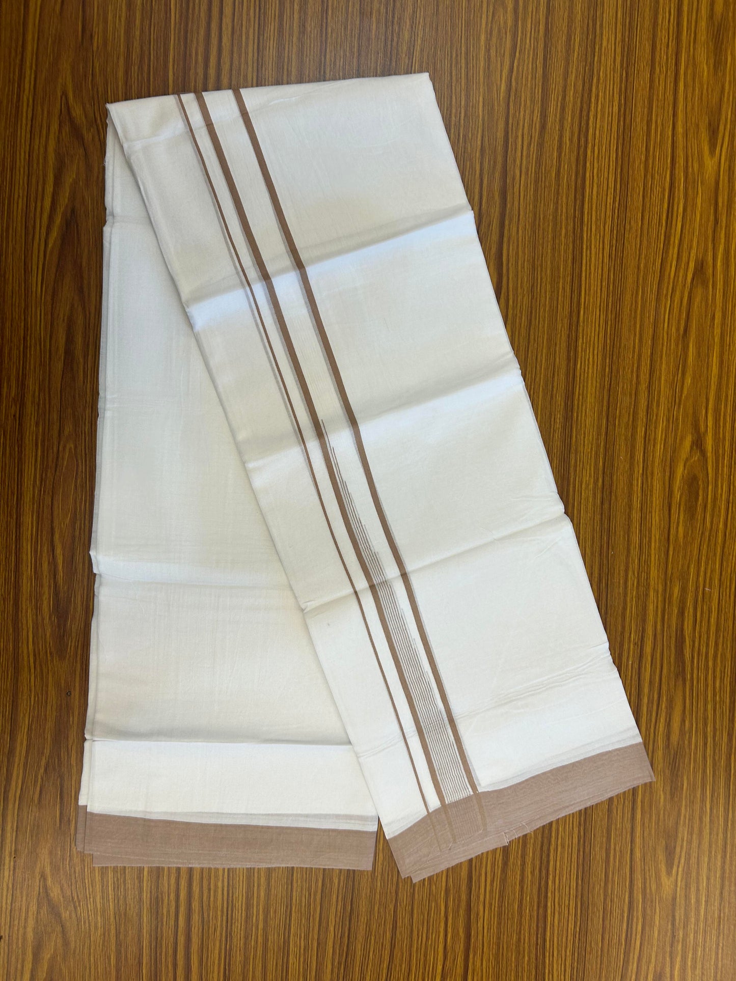20% Discount ! Kaitharikada Balaramapuram 100% Pure Cotton Double Pure White Mundu/Dhoti - 100x80 - 1.25 inch Light Brown shaded striped chutty 3.90 mtr (8.5 muzham) - 113 KK5361 PMC