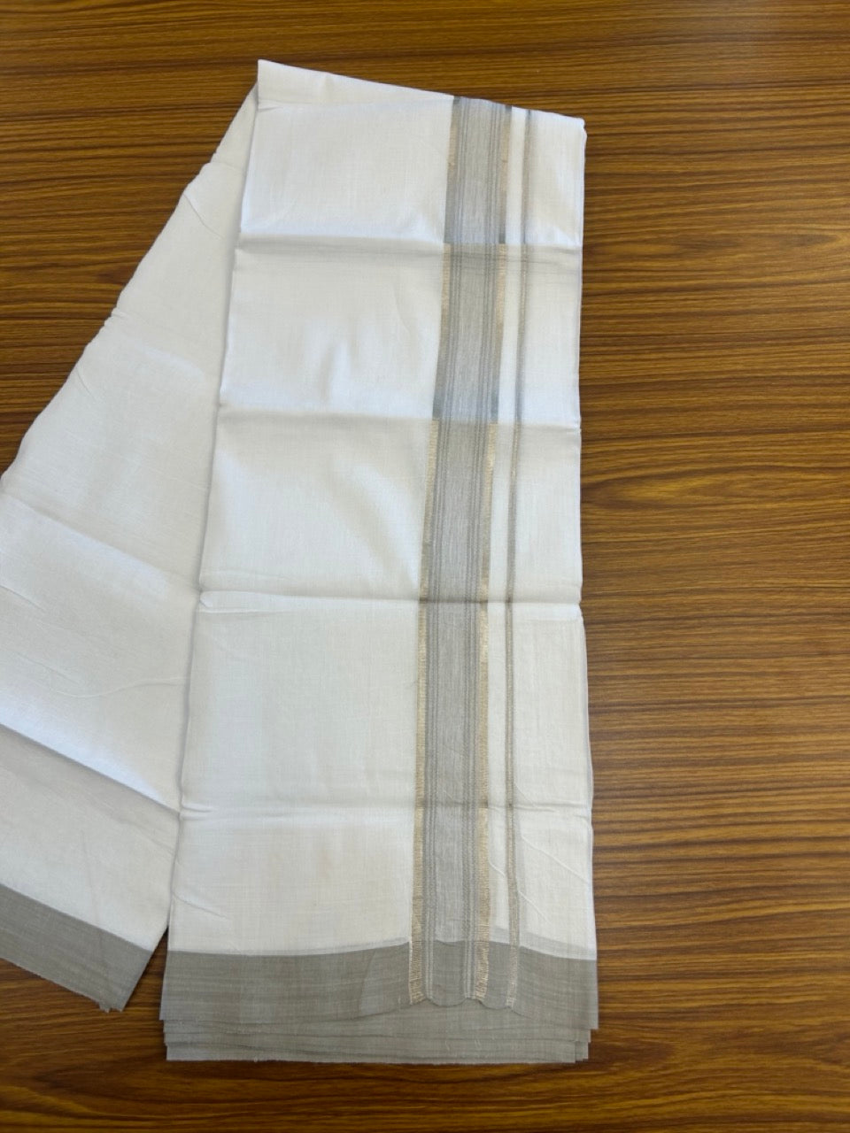 Linen Dhoti New! 20% Discount from Kaitharikada.com - Double Mundu/Dhoti 80x90 Thread Pure White - Pure Cotton + Linen - 1.75 Inch Grey & Silver kasav Striped Kara 4 mtr (8.5 muzham) - 1 KK5299 THI