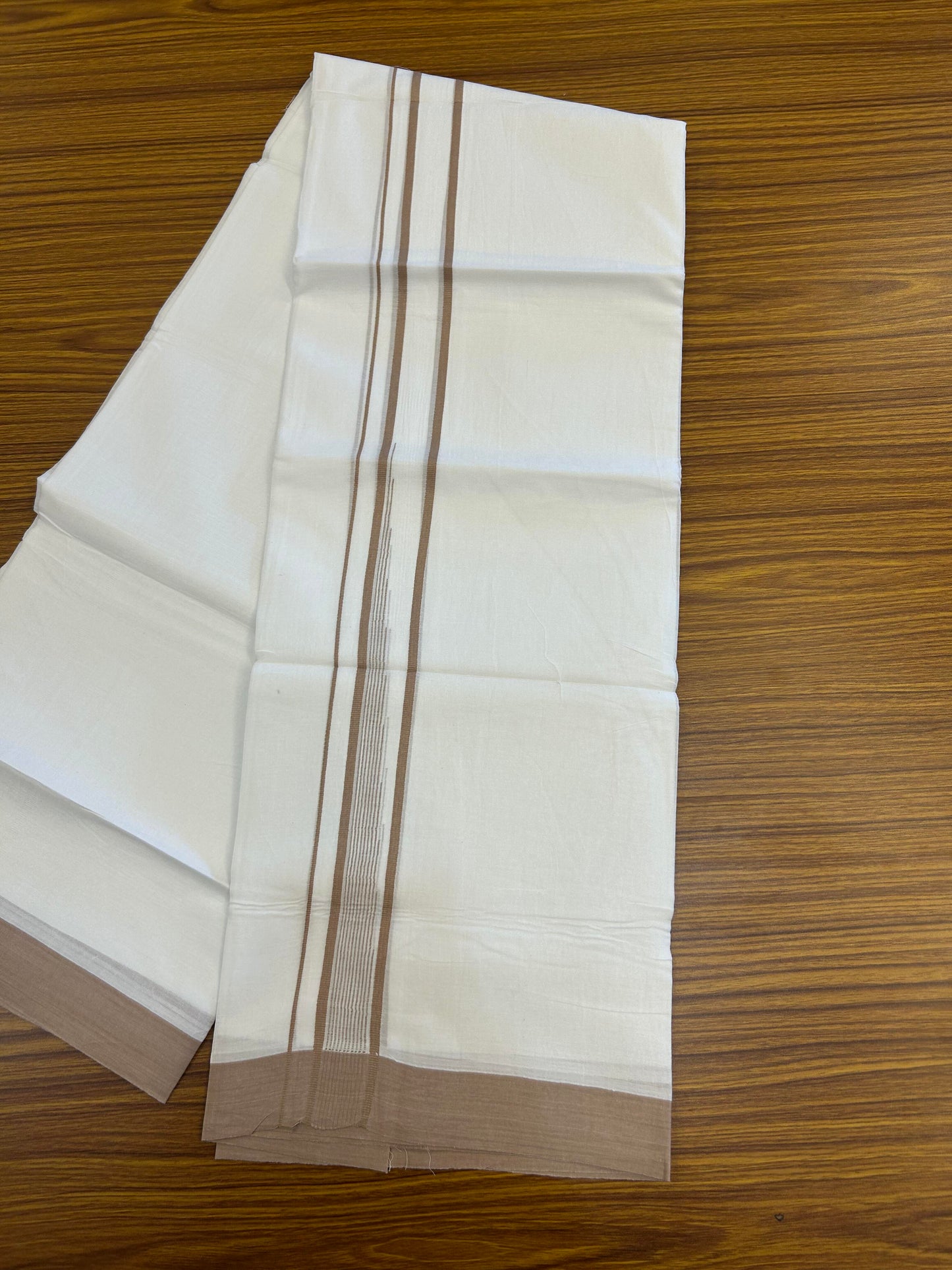 20% Discount ! Kaitharikada Balaramapuram 100% Pure Cotton Double Pure White Mundu/Dhoti - 100x80 - 1.25 inch Light Brown shaded striped chutty 3.90 mtr (8.5 muzham) - 113 KK5361 PMC