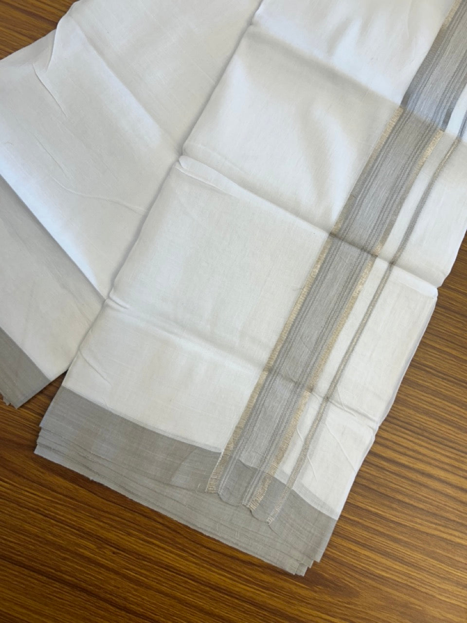 Linen Dhoti New! 20% Discount from Kaitharikada.com - Double Mundu/Dhoti 80x90 Thread Pure White - Pure Cotton + Linen - 1.75 Inch Grey & Silver kasav Striped Kara 4 mtr (8.5 muzham) - 1 KK5299 THI